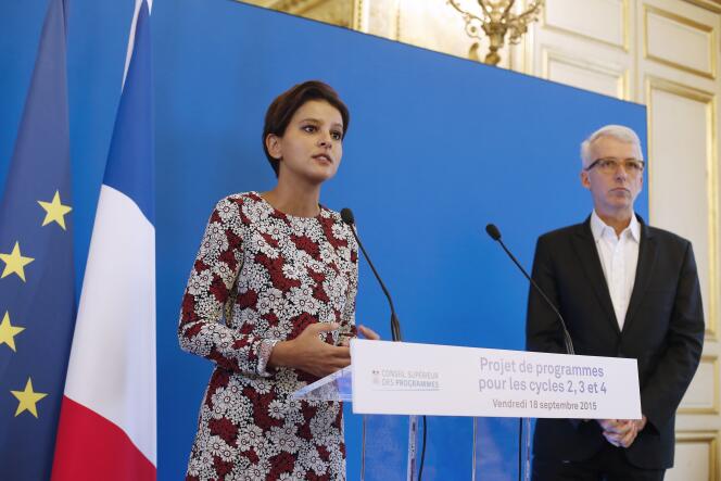 Najat Vallaud-Belkacem, ministre de l’éducation nationale, et Michel Lussault, président du Conseil supérieur des programmes, en septembre 2015.