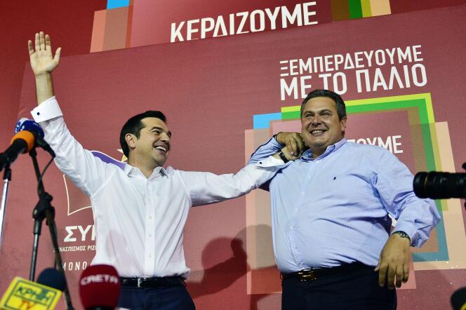 Alexis Tsipras (Syriza) et Panos Kamenos (ANEL) dimanche 20 septembre 2015.