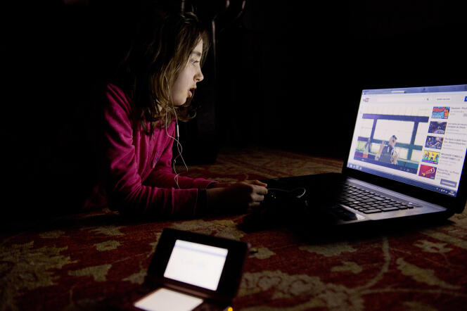 Une jeune fille regarde des vidéos sur YouTube près de Tours en février 2013.