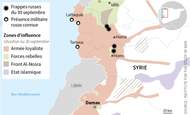 Les frappes russes du 30 septembre 2015 en Syrie.