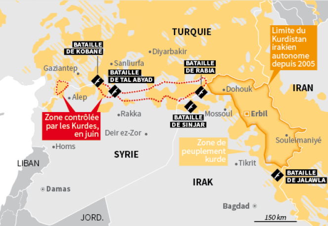 Carte de la présence kurde en Syrie.