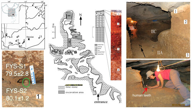 Localisation et plan de la grotte chinoise de Fuyan, avec les lieux de datation et de découverte des dents.