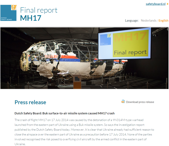 Ecran d'accueil du site du Bureau néerlandais pour la sécurité (OVV), présentant le rapport final d'expertise du crash du vol MH17 dans l'est de l'Ukraine, le 17 juillet 2014.