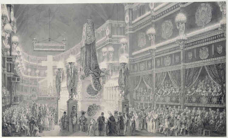 Funérailles du duc de Berry, neveu de Louis XVIII, sur qui reposait la succession des Bourbons. Il fut assassiné, à la sortie de l’Opéra, le 13 février 1820. L’extravagance de la nef de Saint-Denis, avec ses loges drapées de noir autour du cénotaphe, est un décor d’opéra au service de la pompe funèbre. Comme il le fut pour Louis XIV.