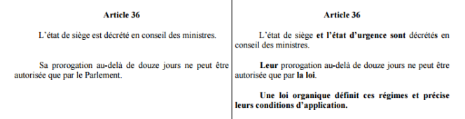 A gauche, l'article 36 ; à droite, la proposition de modification formulée en 2007 par le comité Balladur.