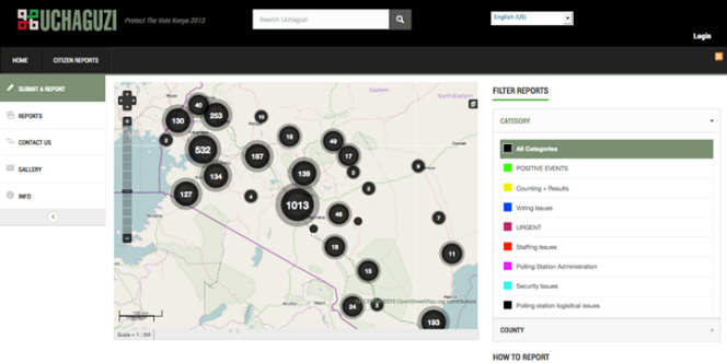La carte mise en ligne lors de l'élection présidentielle kényane de 2013. Les points représentent les alertes reçues, vérifiées et géolocalisées.