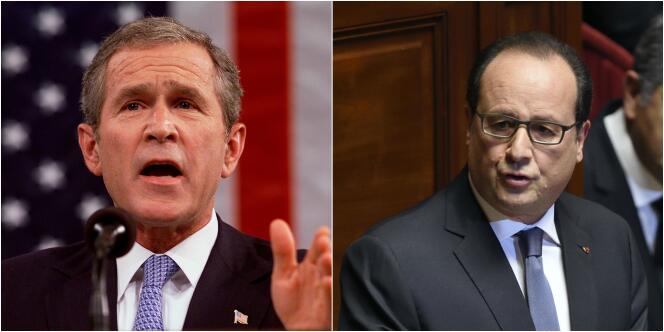 Le président américain Geroge W. Bush, le 20 septembre 2001, et le président français François Hollande, le 16 novembre 2015, s'exprimant devant le Congrès de leur pays respectifs.