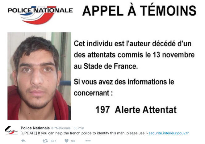 Appel à témoins lancé pour identifier l'un des kamikazes du Stade de France.