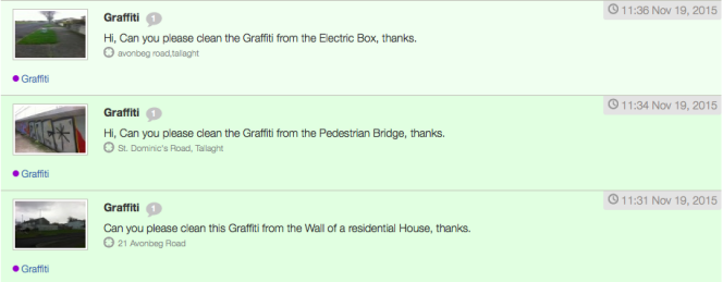 Exemple de rapports envoyés, jeudi 19 novembre, sur la plate-forme fixyourstreet.ie pour demander de supprimer des graffitis.