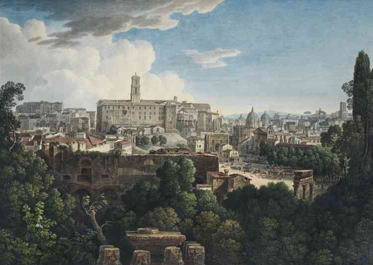 « Cette gravure enluminée – et celle qui suit – appartient au “Panorama de Rome” de Cassas qui compte onze planches, toutes présentées dans l’exposition. »
