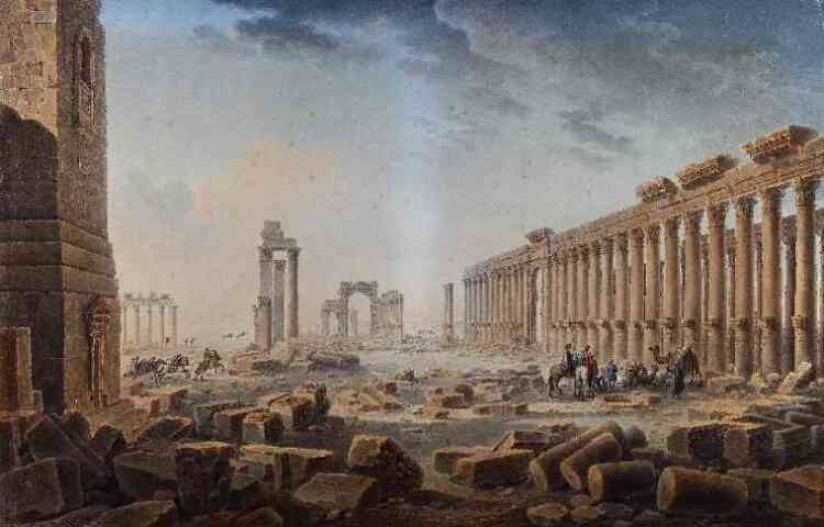 « En juin 1785, Cassas séjourne longuement sur le site de Palmyre pour dessiner et mesurer les ruines. Jusqu’à la fin de sa carrière, l’artiste reste profondément attaché à ce paysage du désert de Syrie hérissé de colonnes. »