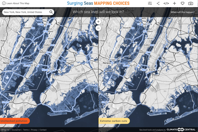 Projection de la montée du niveau de la mer à New York selon les calculs de ClimateCentral.