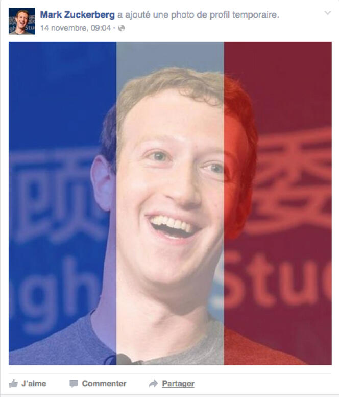Le 14 novembre 2015, le fondateur de Facebook Mark Zuckerberg appliquait à sa photo de profil un filtre bleu-blanc-rouge. Des millions d'internautes ont ensuite fait de même.