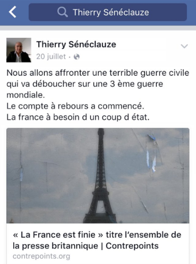 Message de Thierry Sénéclauze sur Facebook.