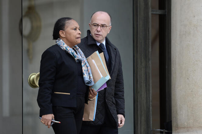 Christiane Taubira et Bernard Cazeneuve, à l'Elysée, le 14 novembre.