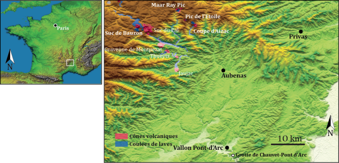 Carte des environs de la grotte Chauvet et du Bas-Vivarais.