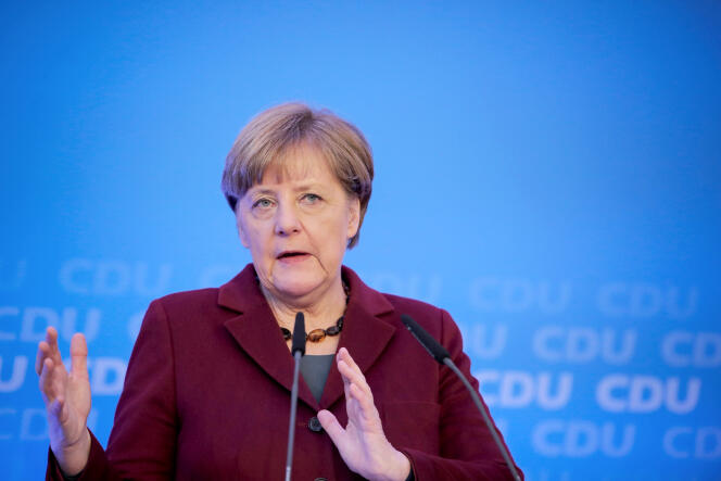La Chancelière Allemande Angela Merkel, à une conférence de presse, le 9 janvier 2016, sur le durcissement des règles d'expulsion, après les évènements du 31 décembre à Cologne.