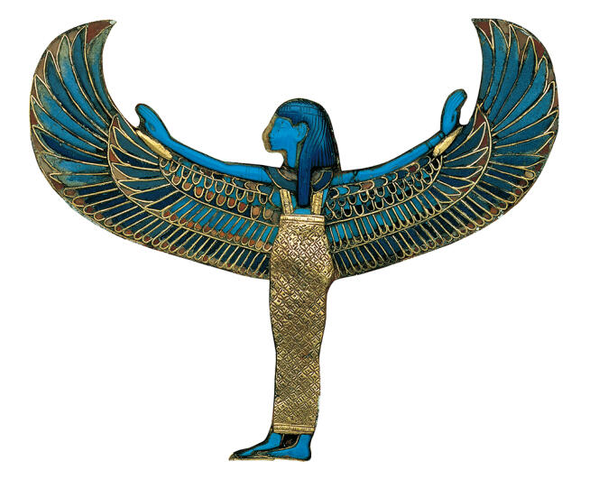 Ce bijou funéraire, représentant la déesse Isis, est fait d’or, de cornaline et de lapis-lazuli. Il a été trouvé dans la tombe de Toutankhamon.