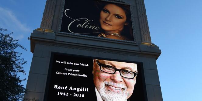 L’hôtel Caesars Palace affiche un hommage à René Angélil, le mari de la chanteuse Céline Dion, à Las Vegas (Nevada), le 14 janvier 2016.