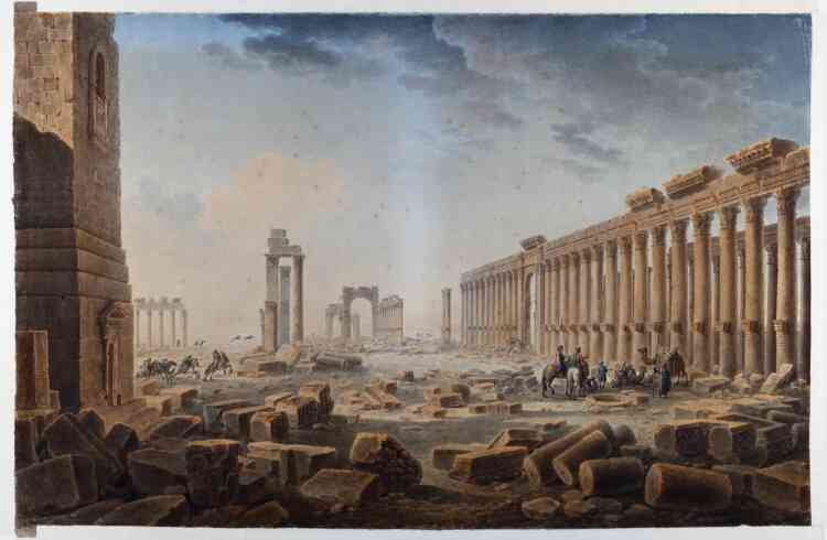 Vue de la Grande Colonnade de Palmyre, dessin repris en 1821, à l’aquarelle et à la gouache, sur lequel Louis-François Cassas prend la liberté de représenter aussi la tour funéraire d’Ellabel, en fait située à flanc de colline, dans la nécropole en marge de la cité.