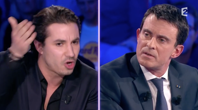 Jérémy Ferrari et le premier ministre français, Manuel Valls, dans l'émission 