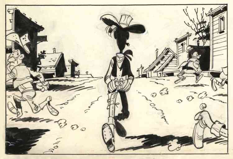 Stéphane Beaujean : « Morris joue avec les codes du genre western : la descente de l’allée principale qui mène le cowboy au duel. Morris appuie sur l’humour et le drame dans le même dessin : l’attitude exagérément détendue de la démarche de Lucky Luke contraste avec son visage plongé dans l’ombre. »