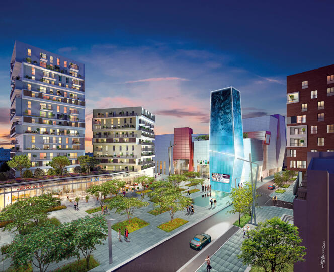 Projet du programme immobilier Cogedim situé au cœur du nouveau centre-ville de Massy, dans le quartier Atlantis, place du Grand-Ouest. Vue de nuit.
