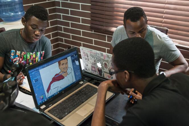 Les illustrateurs de Comic Republic, une start-up nigériane basée à Lagos, en janvier 2016.