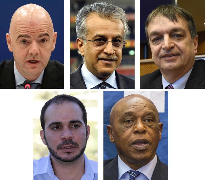 Les cinq candidats à la présidence de la FIFA : Gianni Infantino, Salman Ben Ibrahim Al-Khalifa, Jérôme Champagne, Ali Ben Al-Hussein et Tokyo Sexwale.