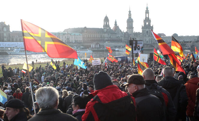 Des manifestants de Pegida, le 6 février 2016, à Dresde, en Allemagne.