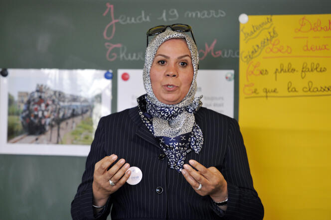 Latifa Ibn Ziaten lors d’une intervention contre le racisme et l’antisémitisme dans l’école élémentaire Jean Dargassies, à Eaunes, en mars 2015.