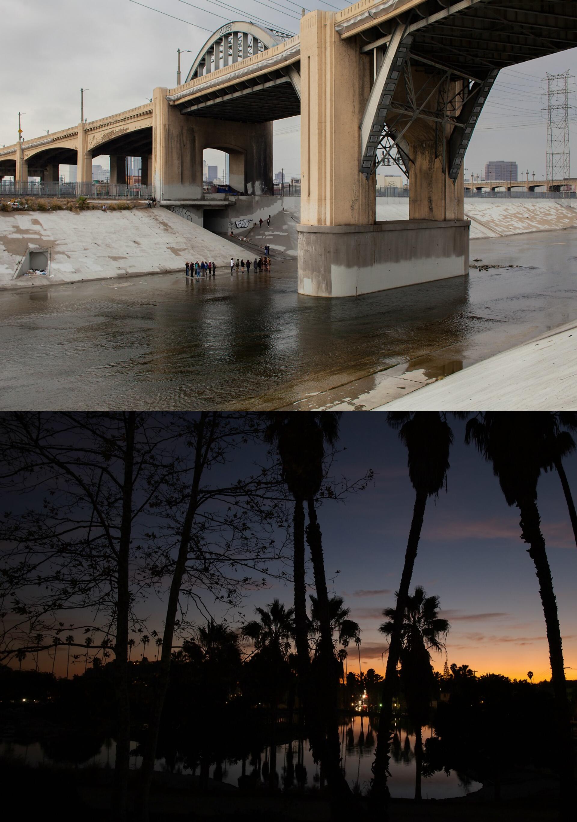 A la suite de l’inondation meurtrière de 1938, la LA River est transformée en conduite d’évacuation des eaux : 67 km de fleuve (sur 82) sont alors bétonnés. 
En haut, le viaduc Sixth Street. En bas, le parc qui recouvre le Rowena Reservoir, inutilisé depuis 1992.