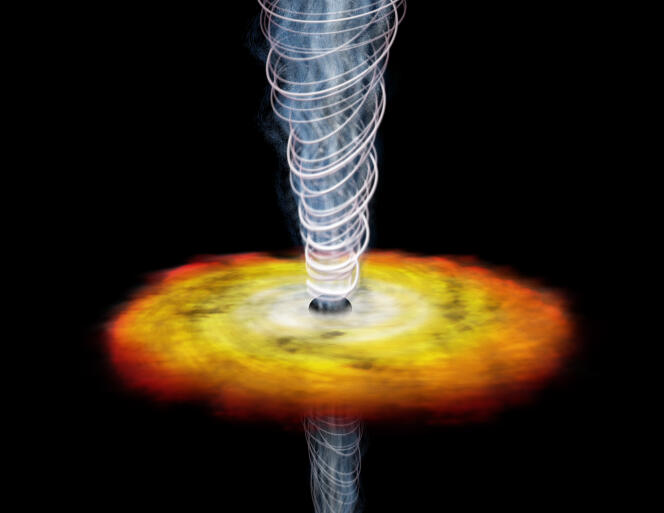 Rendu informatique représentant l'activité autour d'un trou noir géant au centre d'un quasar.