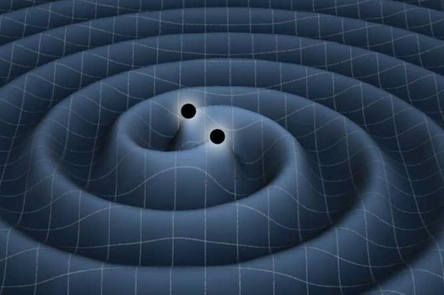 Vue d'artiste représentant les ondes gravitationnelles engendrées par l'interaction de deux objets massifs, par exemple des trous noirs.