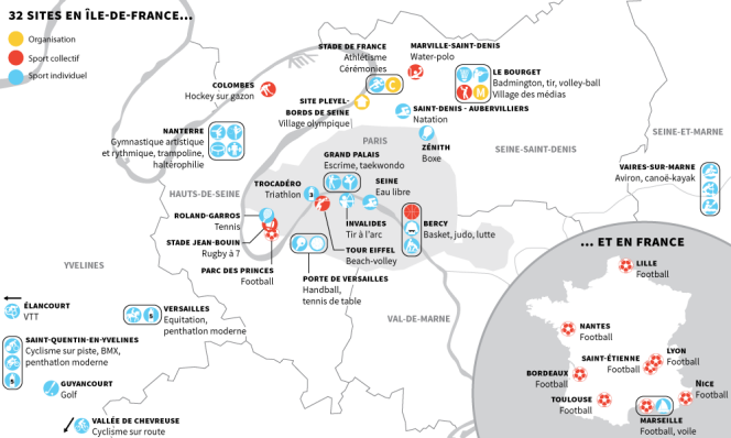 Carte des sites sélectionnés dans le cadre de la candidature de Paris aux Jeux olympiques 2024.