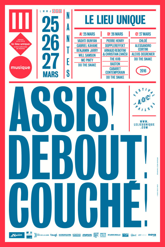 Affiche du festival Assis ! Debout ! Couché ! qui se déroulera du 25 au 27 mars, au Lieu unique à Nantes.