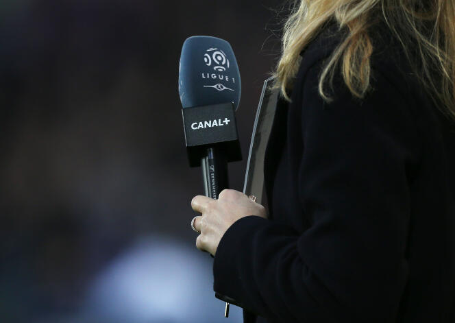 Le micro d'une journaliste de la chaîne de télévision Canal+ lors d'un match de football de Ligue 1, à Caen, en décembre 2015.