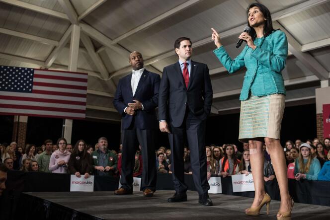 Nikki Haley, lors d’un meeting où elle soutenait Marco Rubio dans la course à l’investiture républicaine en février, à Clemson, en Caroline du Sud.