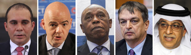 Les cinq candidats à la présidence de la FIFA : Ali Ben Al-Hussein, Gianni Infantino, Tokyo Sexwale, Jérôme Champagne, Salman Ben Ibrahim Al-Khalifa.