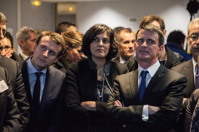 Emmanuel Macron, Myriam El Khomri et Manuel Valls  en visite à l’usine Solvay du site de Chalampé (Haut-Rhin).