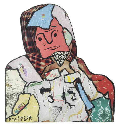 « Dès 1948, Chaissac est associé aux expositions de l’Art brut. En 1961, il crée ses premiers totems, surfaces planes héritières du “dessin du bonhomme”, sur lesquels cohabitent cernes noirs du dessin, aplats de couleurs et collage de morceaux de papier peint où il applique sa “réinvention” du dessin d’enfant. »