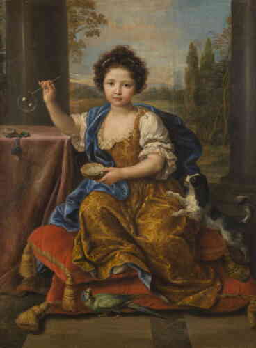 « Louise-Marie-Anne de Bourbon, fille de Louis XIV et de Madame de Montespan naît en 1674. Elle meurt en 1681. Pour son portrait posthume, le peintre Mignard recourt à l’allégorie et aux bulles de savon, symboles de la brièveté de l’existence. »