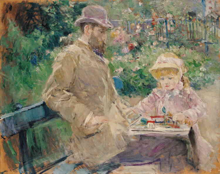 « Julie Manet est née en 1878, fille d’Eugène Manet, frère du peintre, et de Berthe Morisot. Sa mère multiplie ses portraits y compris, chose exceptionnelle alors, en l’évoquant jouant avec son père dans leur propriété de Bougival. »