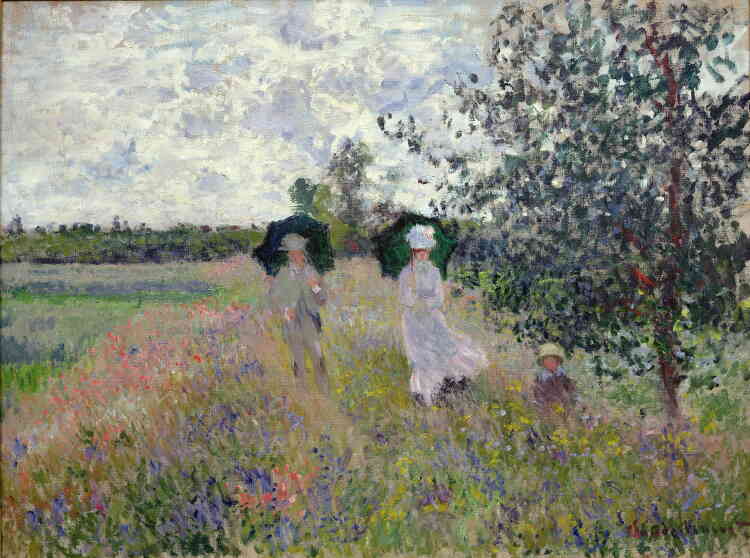 « En décembre 1871, Monet et sa famille emménagent à Argenteuil. L’héritage de son père et la vente de ses œuvres lui assurent une existence plus facile. Les illustrations de ce séjour, toutes de lumière et de légèreté, mettent souvent en scène sa femme Camille et son fils Jean. »