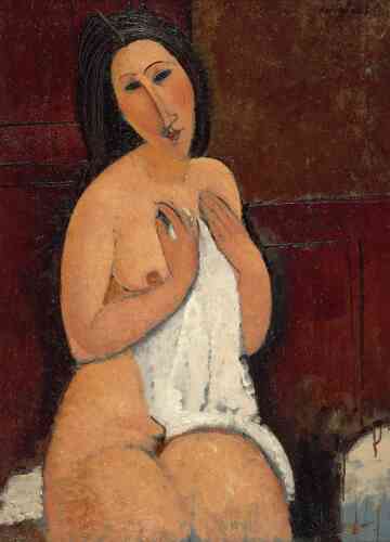 « C’est Léopold Zborowski qui demande à Modigliani de réaliser des nus. Celui-ci joue à la fois sur la sensualité de la touche appliquée sur le corps du modèle et l’aspect irréel du visage réalisé comme un masque. »