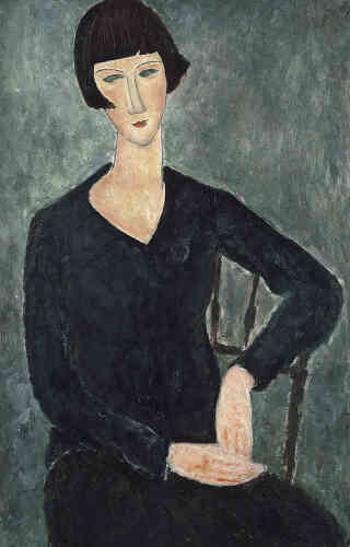 « Cette jeune femme est probablement l’épouse de Léonard Foujita, peintre et ami de Modigliani. Modigliani fait son portrait pendant l’été 1918 lors d’un séjour à Cagnes-sur-Mer. »
