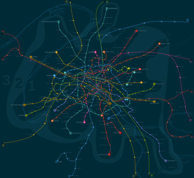 Un plan du métro de Paris, dont les couleurs ont été modifiées par l'auteur, pour le rendre plus lisible, notamment pour les daltoniens.