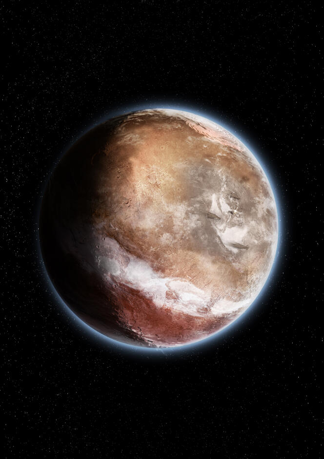 Vue d'artiste de Mars telle qu'elle était il y a environ 3,5 milliards d'années avant que sa croûte ne bascule suite à l'apparition du renflement géant volcanique Tharsis. La zone blanche au Sud correspond à l'accumulation de précipitations.