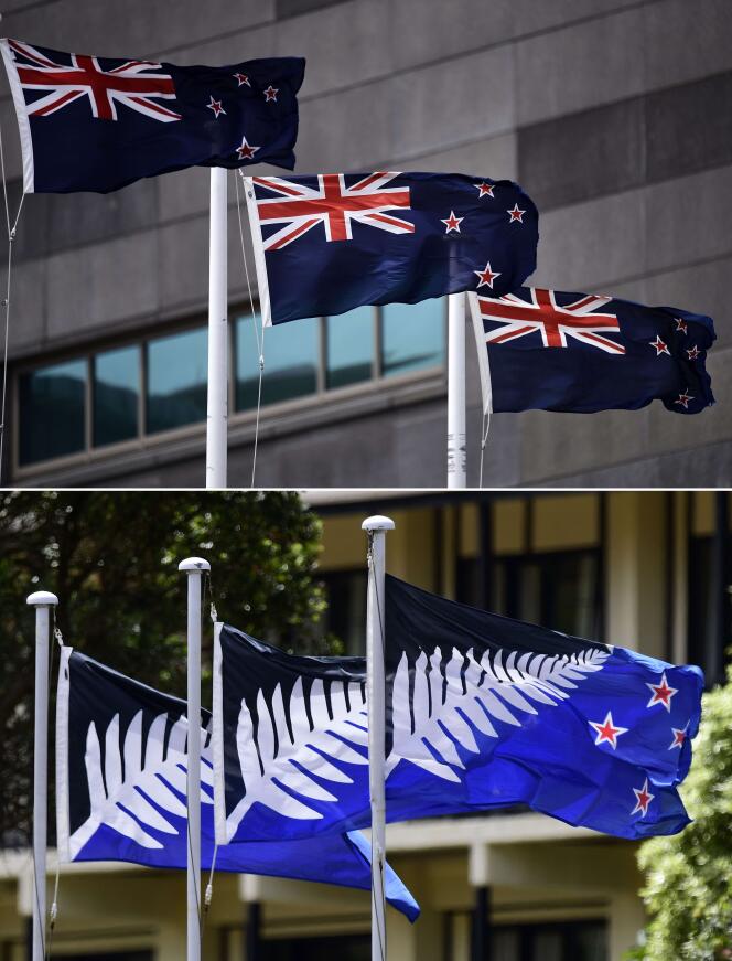 Ci-dessus, le drapeau actuel de la Nouvelle Zélande. Ci-dessous, l'alternative soumise par référendum aux électeurs du pays à partir du 3 mars.