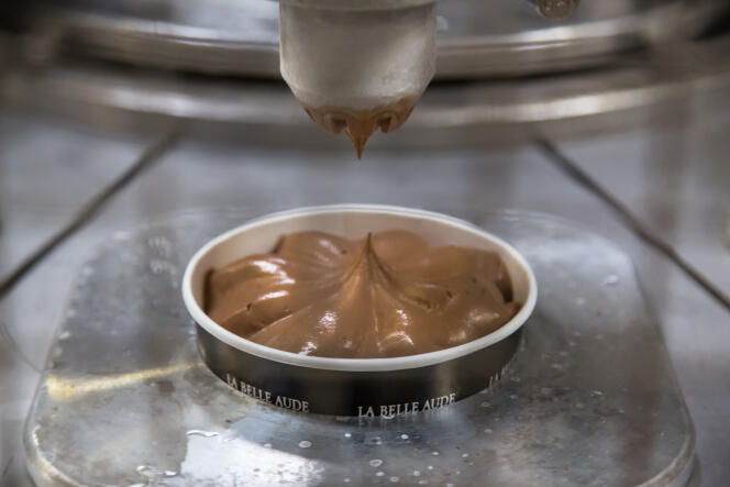 Mise en pot automatique de la crème glacée La Belle Aude, dans la SCOP La Fabrique du Sud, à Carcassonne, en mars 2016.